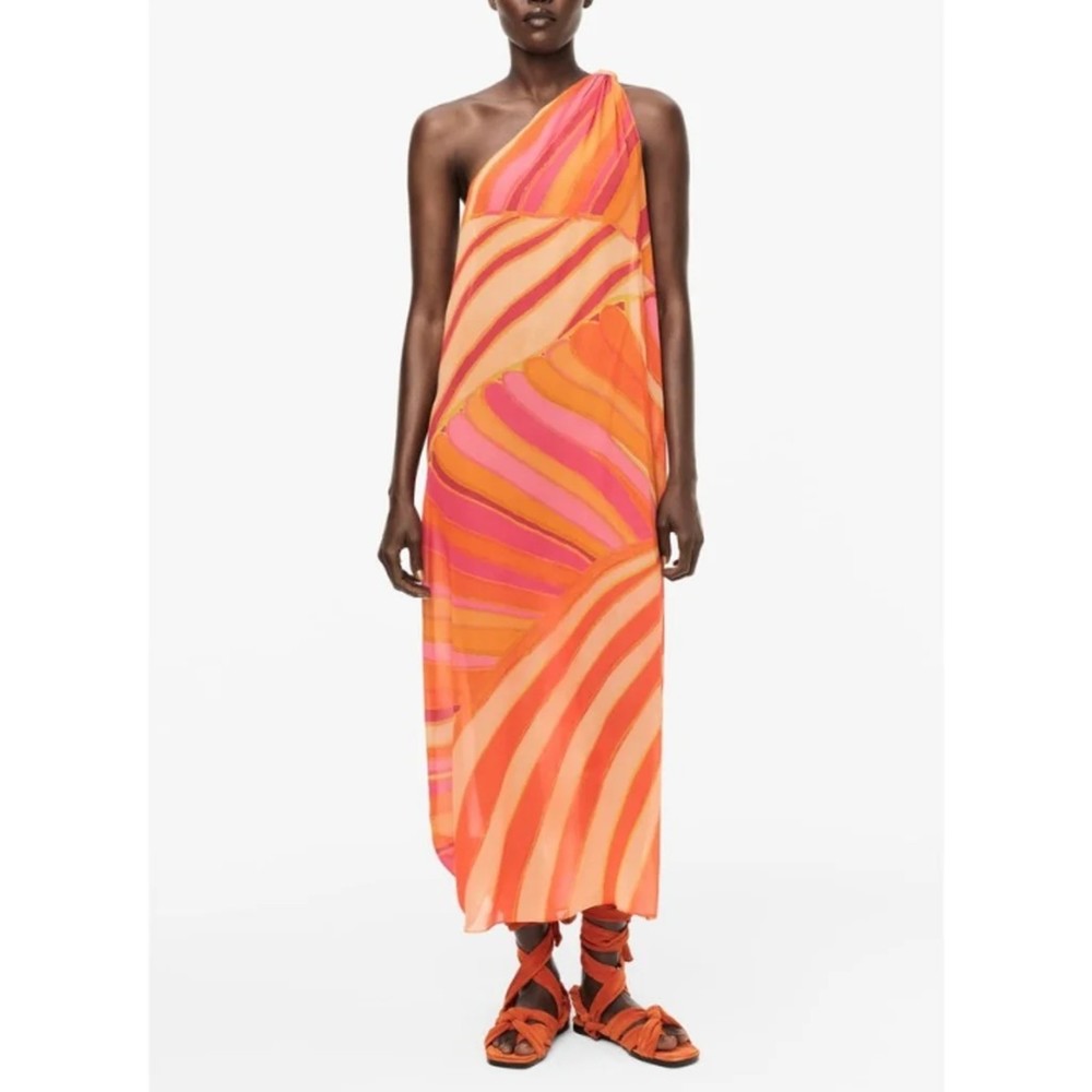 Zara one shoulder midi-maxi dress XS lined side split orange pink peach